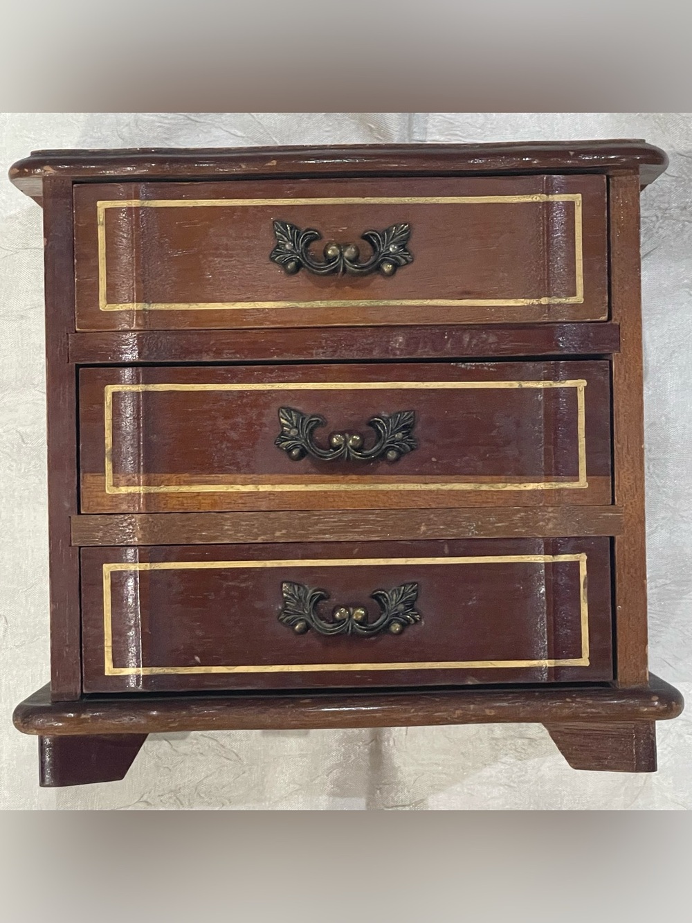 Vintage Brown Wood Drawer Jewelry Box with Gold Accents 1970’s-1980’s.